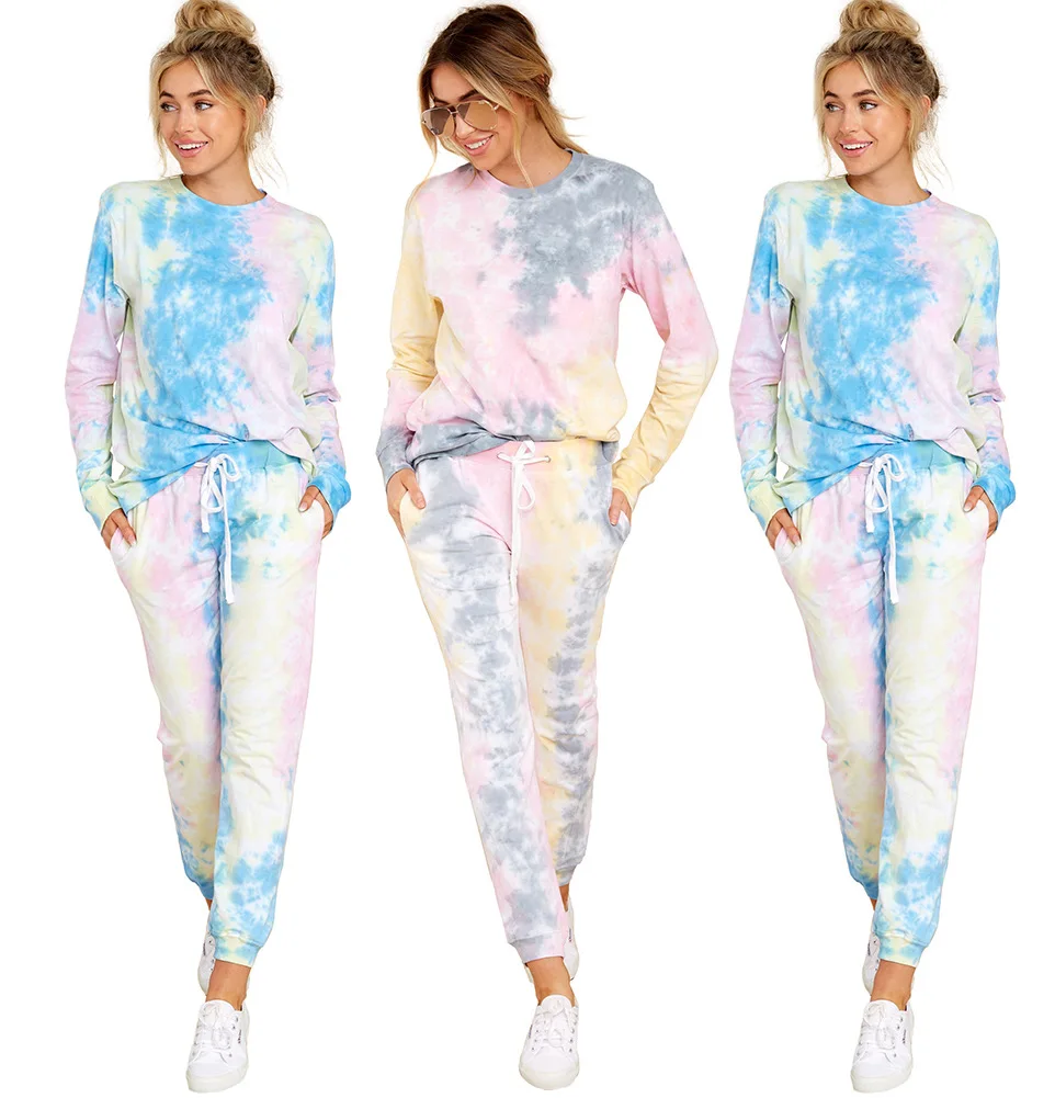 

2020 autumn and winter new European and American women's casual home tie-dye printing two-piece thickened