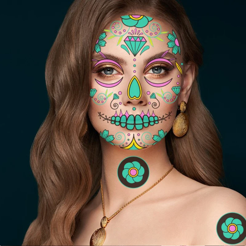 1 Sheet Halloween Waterproof Temporary Tattoo Sticker Facial makeup Special Face Day of The Dead Skull dress up | Красота и здоровье
