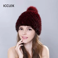winter warm mink fur hat women knitted beanies hat with real fox fur pompom luxury