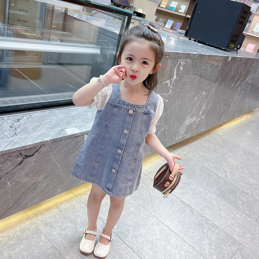 

2021 summer Girl cowboy dress Solid color Lace stitching strap dress tide rivet child skirt