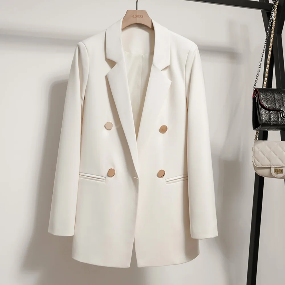 

Fashion Button Up Collared Loose White Female Blazer Office Lady Elegant Double Breasted Blazers Women Spring Autumn Clothes