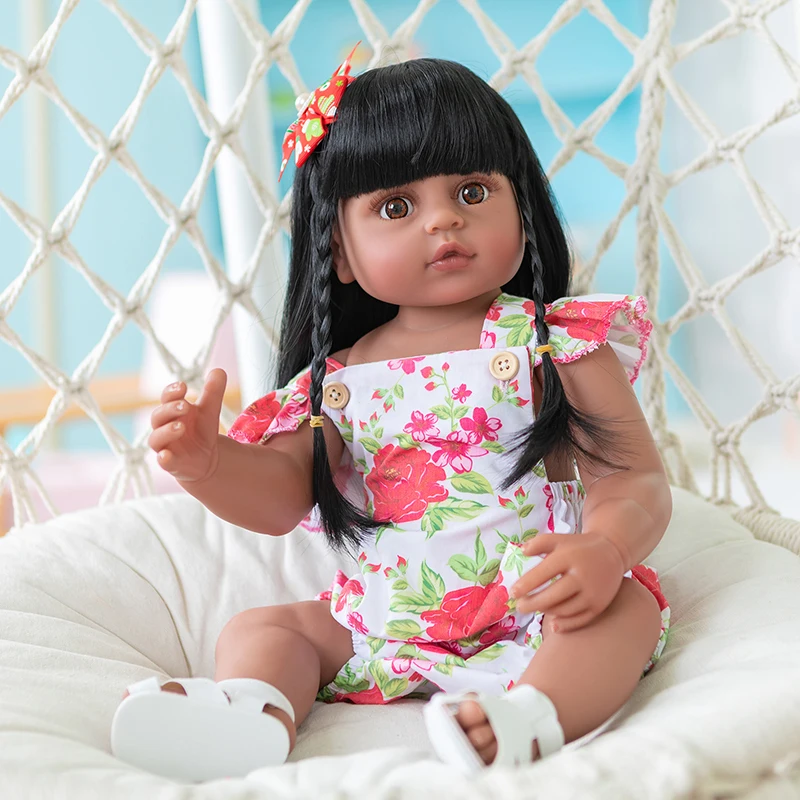 

55cm Dolls Reborn Bebe Realistic Toddler Girl In Dark Brown Skin Full Body Silicone Reborn Girl Doll with Black Hair Kids Toys