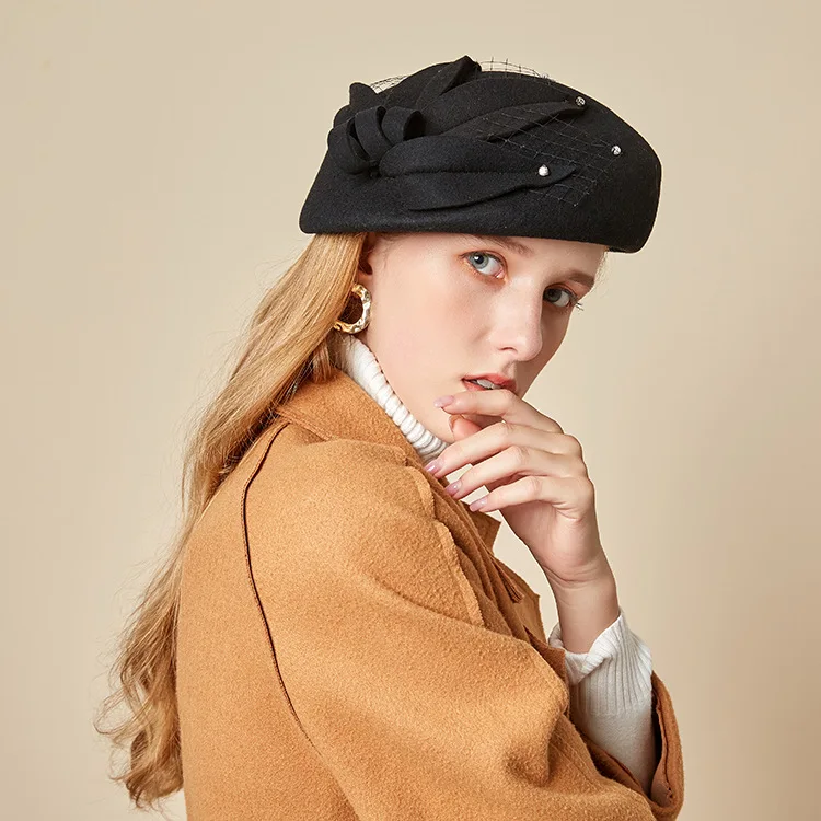 

2020 Special Offer Sale Solid Autumn Winter British Retro Flower Woolen Bowler Hat Elegant Graceful Stewardess Cap Ing Beret