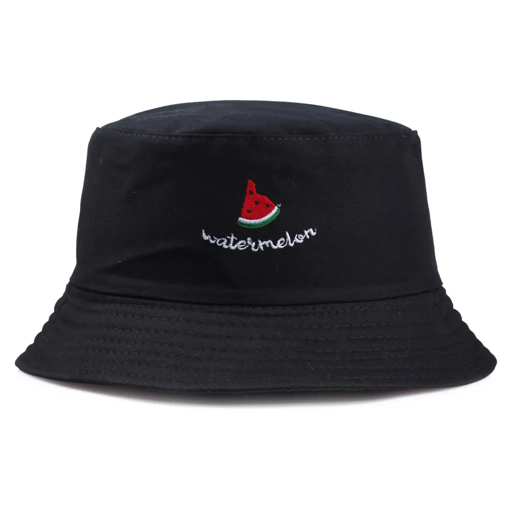 

2021 New Embroidery Fruit Watermelon Bucket Hats For Women And Men Summer Pink Girl Panama Caps Sun Black Cotton Fisherman's Hat