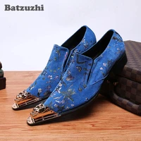 batzuzhi italian type blue leather business shoes leather mens dress shoes pointed metal toe slip on party and wedding zapatos