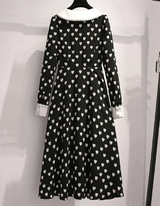 

2020 Spring vintage love printed dress women peter pan collar slim high waist a-line dress