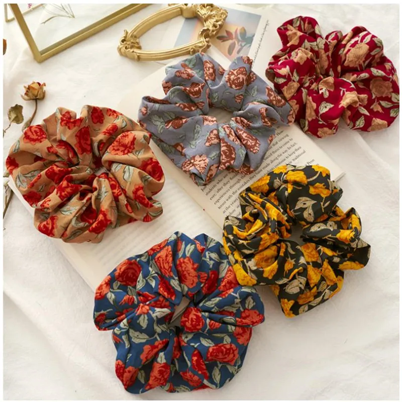 

Korean Rose Print Hair Band Elastic Ponytail-Holder Hair Scrunchies Bulk New Hair Accessories Casual Headdress Hair Ropes