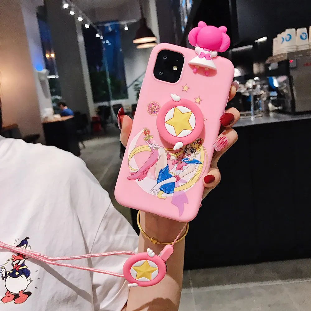 Милый мультяшный Сейлор Мун розовый чехол для телефона для iPhone 11 Pro X 8 7 6s Plus XS Max XR мягкий 3D кукольные игрушки стенд ремешок задняя крышка