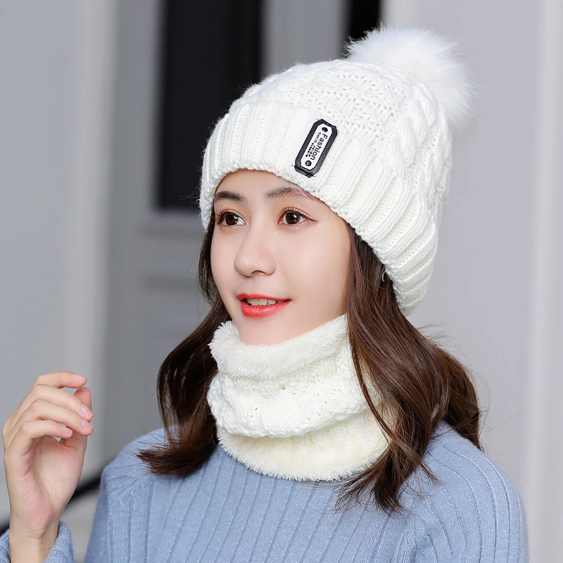 Отделкой кроличьей шерстью вязаная зимняя шапка шарф набор Для женщин толстые