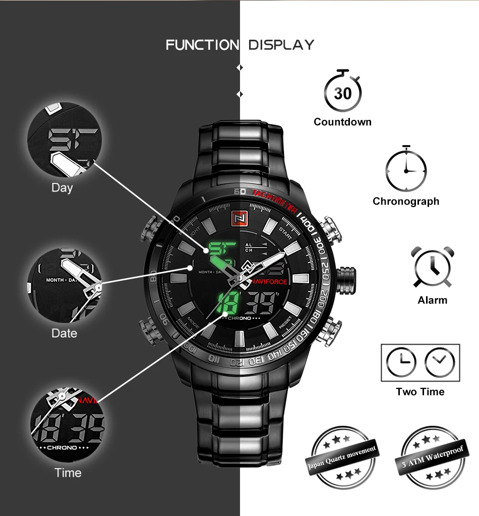 NAVIFORCE новые роскошные мужские спортивные часы Chrono брендовые военные водонепроницаемые электронные наручные часы с подсветкой мужские часы с секундомером