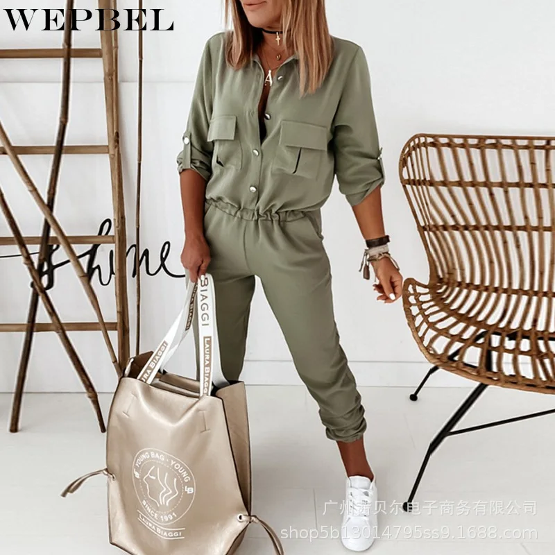 

WEPBEL Women Long Sleeve Long Jumpsuit Cargo Pencil Pants Pockets Button Single Breasted Casual Skinny Romper Plus Size Overalls