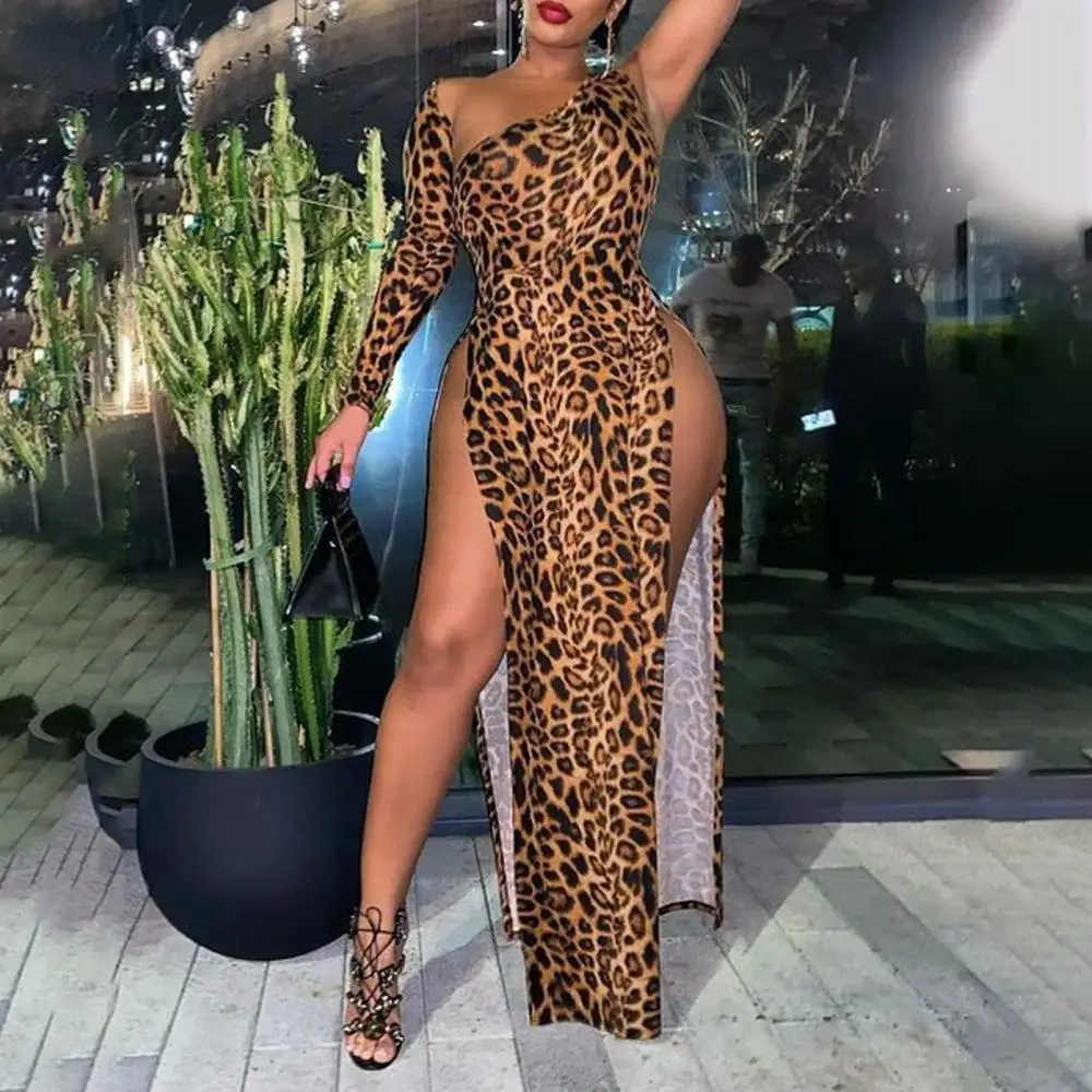 

Coffeehot Dresses Women's new style one-sleeve sexy leopard print mid-waist print dress with slits evening dresses