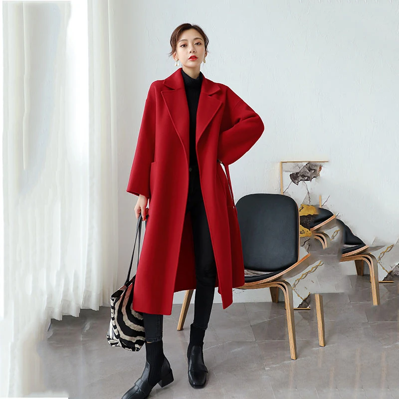 

2020 Overcoat Thicken Warm Women Double-faced Cashmere Women's Long Loose Tie Suit Collar Female Woolen Coats Jackets N10