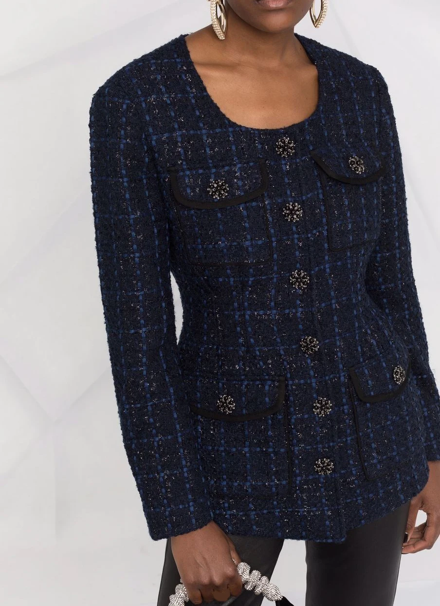 

Женская твидовая куртка в синюю полоску, повседневная однобортная куртка в стиле ретро, верхняя одежда с длинным рукавом и круглым вырезом, ...