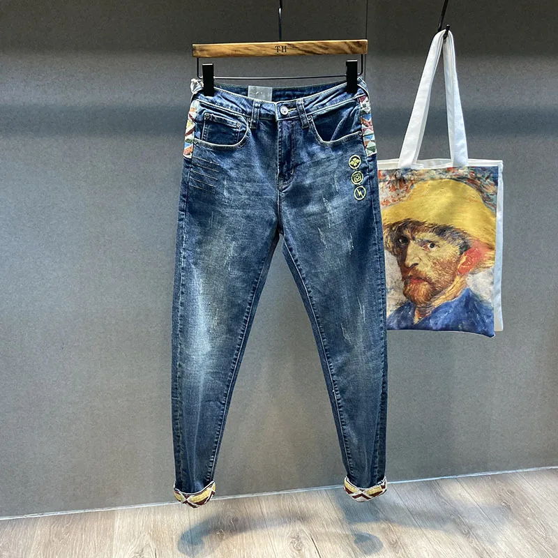 

Fashion Streetwear Men Jeans Japanese Style Slim Fit Embroidery Designer Ripped Jeans Men Elastic Cotton Patches Hip Hop Pants