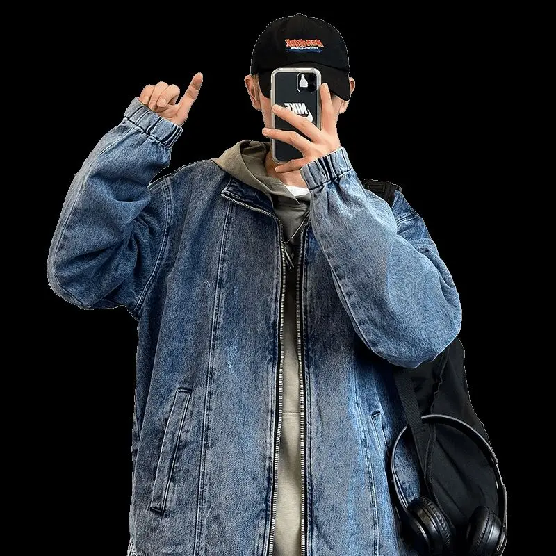 

Autumn Blue Denim Jacket Men's Fashion Casual Retro Zipper Denim Jackets Mens Streetwear Wild Loose Hip-hop Bomber Jacket Men