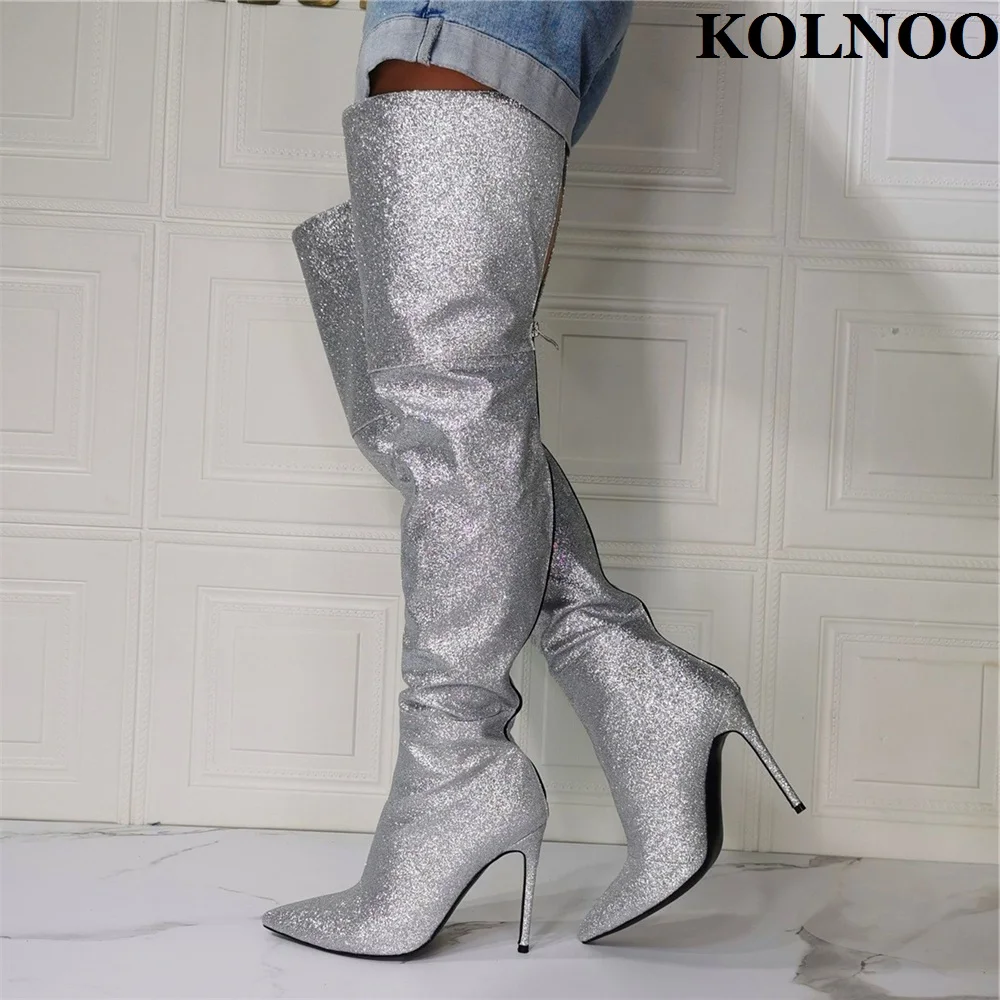 

Kolnoo New Handmade Ladies Thigh High Boots Nubuck Leather Real Photos Party Prom Over Knee Boots Evening Fashion Winter Shoes