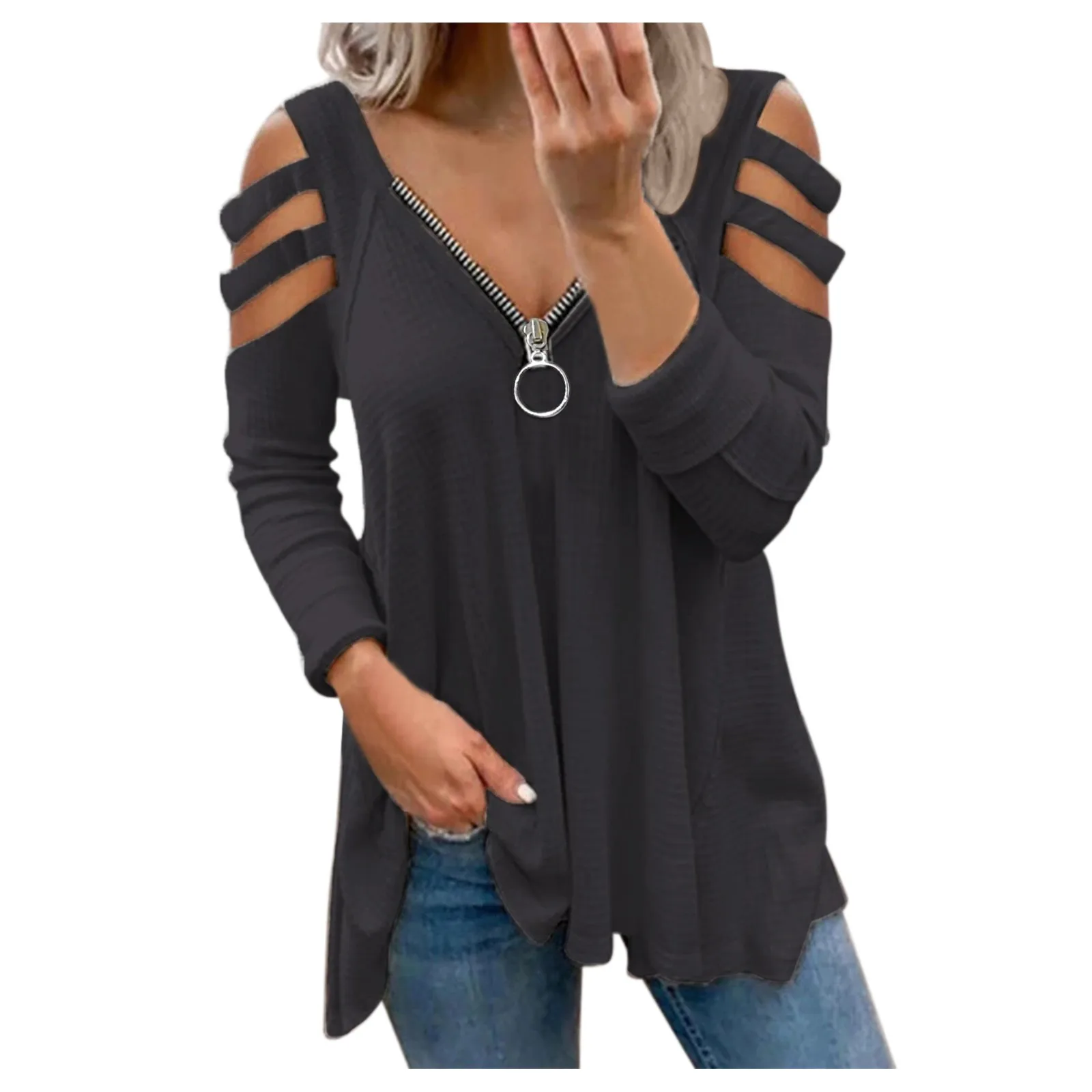 

Womens Sexy V-neck Collar Zipper Color Long Sleeve Fold Casual Blouse Tops Camisas Top Mujer De Moda Блузки Женские Новинки