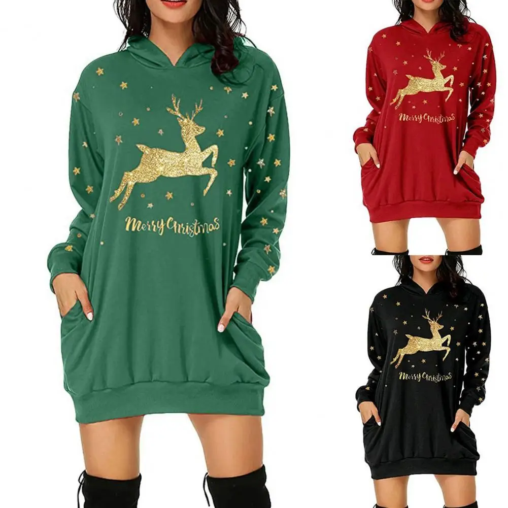 

Women Pullover Sweatshirt Christmas Print Side Pockets Ultra Soft Elk Print Long Sleeve Xmas Blouse Festival New Year Clothing