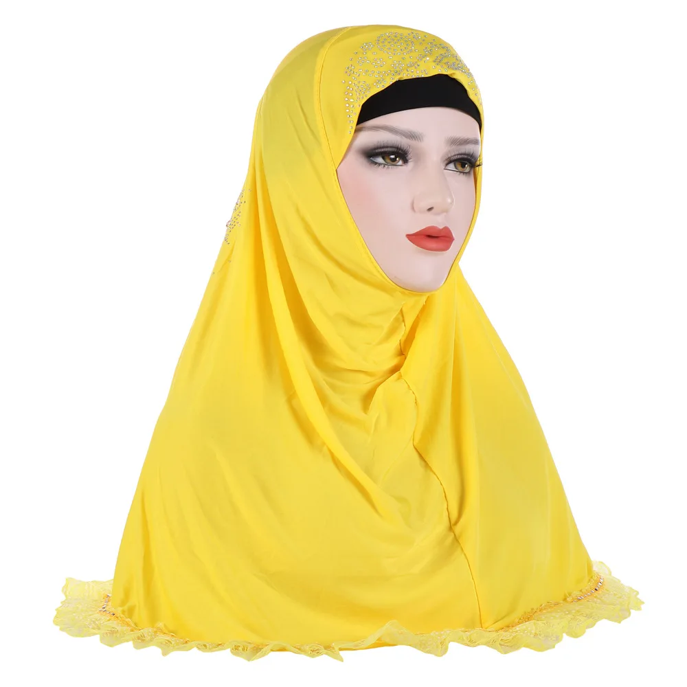 

New lace drill solid color stitching headscarf Muslim women's fashion headtie