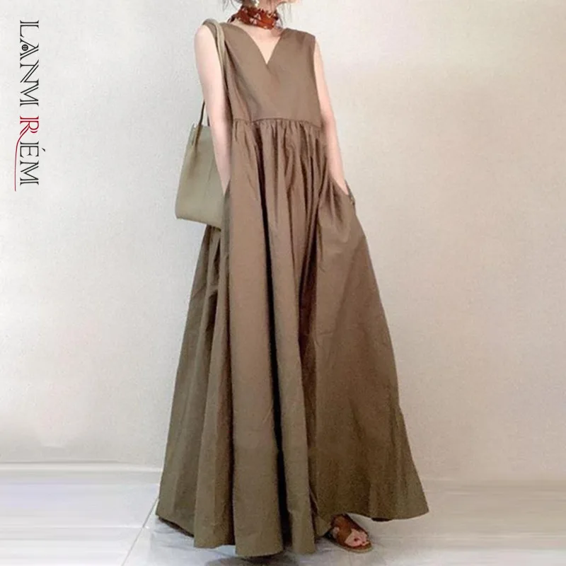 

LANMREM Новое Женское платье с высокой талией, v-образным вырезом, боковыми карманами, темпераментные, свободные, модные, летние, 2022, 2P1103