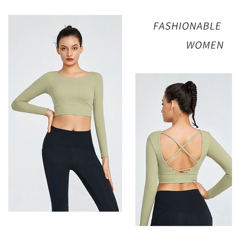 

T-shirt Women Sport Gym Wear Backless Long Sleeve Yoga Crop Top Padded Sports Bra Solid Fitness Running Clothes