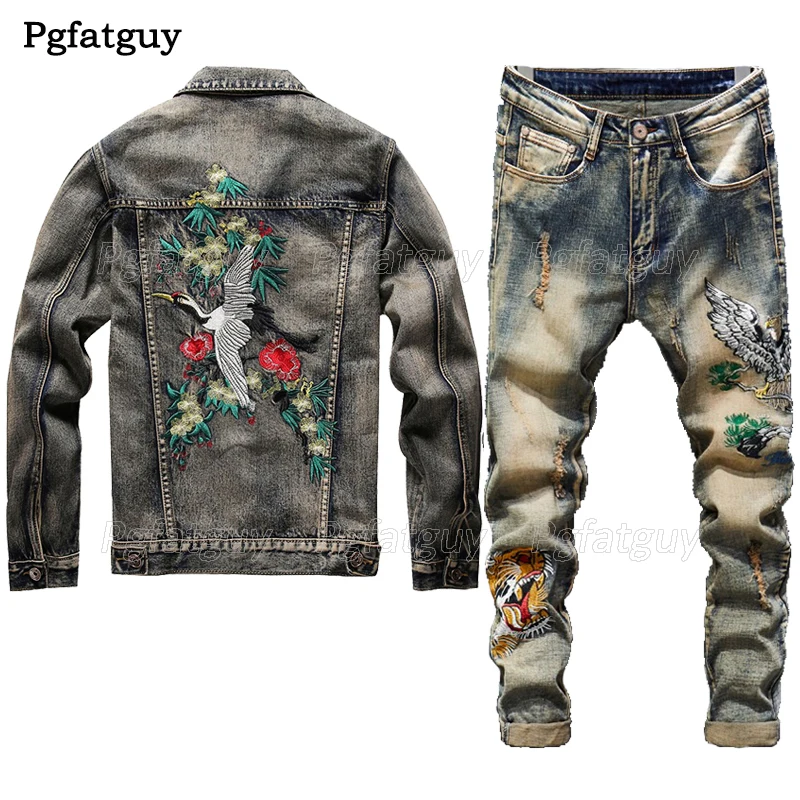 Новые мужские винтажные комплекты красного цвета с вышивкой и журавля