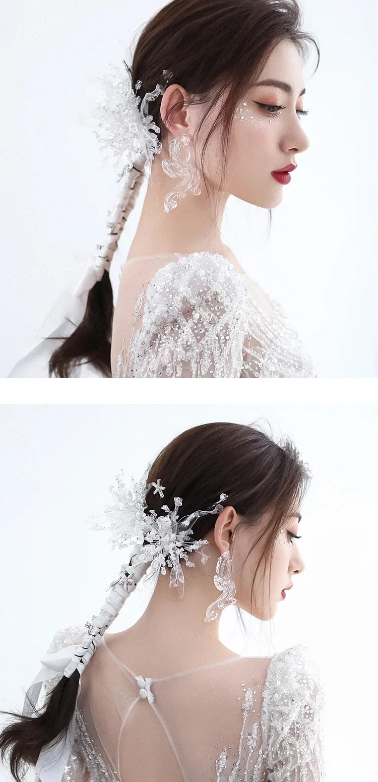 

Fashion New liquid flower satin long bands earrings sets Beautiful Korean Crystal Flowers Suit Wedding Bridal Headdress
