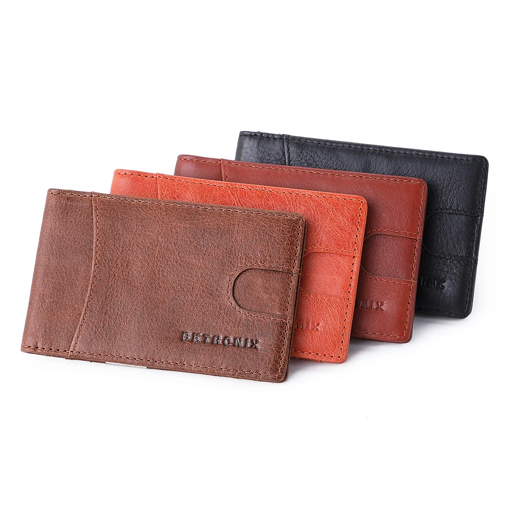 Модный однотонный мужской тонкий кошелек двойного сложения из натуральной кожи