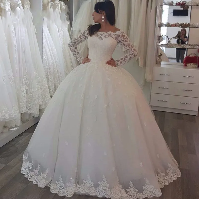 

Ball Gown Lace Princess Wedding Dresses with Long Sleeves Beaded Appliques Bridal Gowns New Arrival 2021