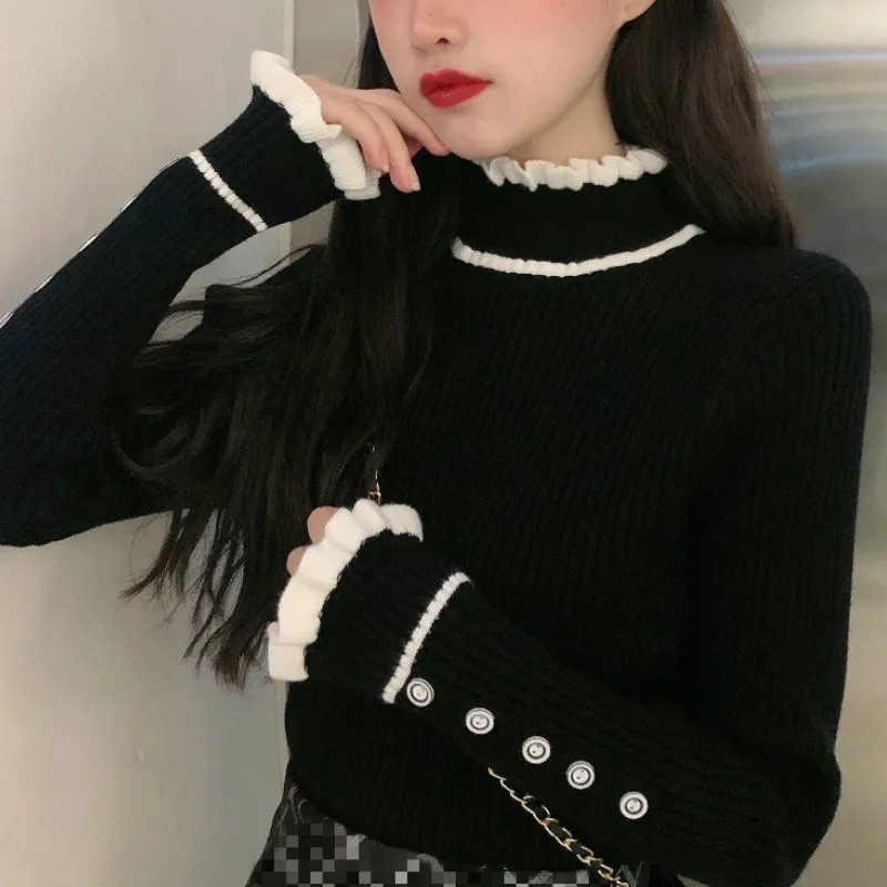 

Elastic Basic Sweater Pullover Women Winter 2021 Korean Turtleneck Vintage Patchwork Ruffles Button Sweet Base Knit Tops Fashion
