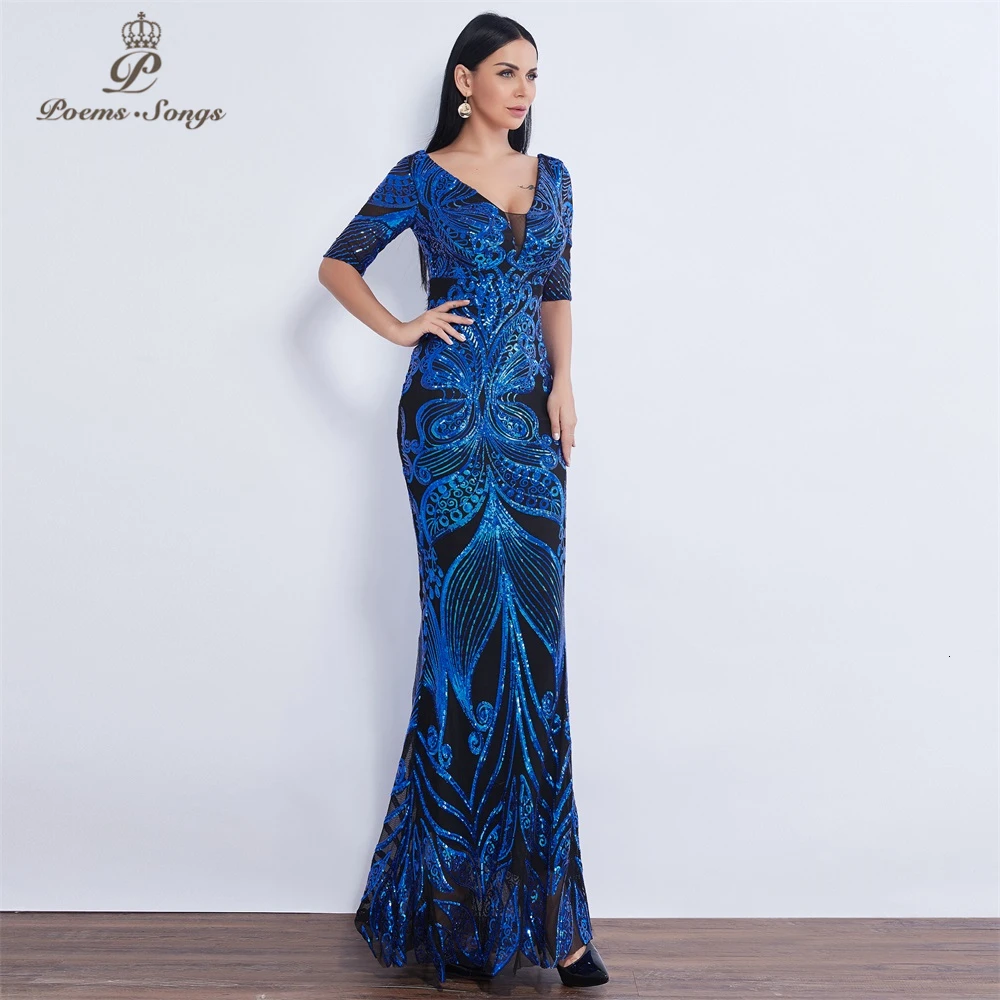 Half sleeve Butterfly style Sequin Evening dress vestido de festa formal mermaid vestido de noche robe de soiree prom dress