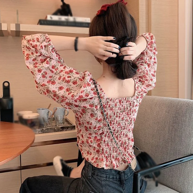 

2020 Hot Women's Clothing Gentle Retro Square Neck Short Drawstring Blouses Puff Sleeve Chiffon Sunscreen Top