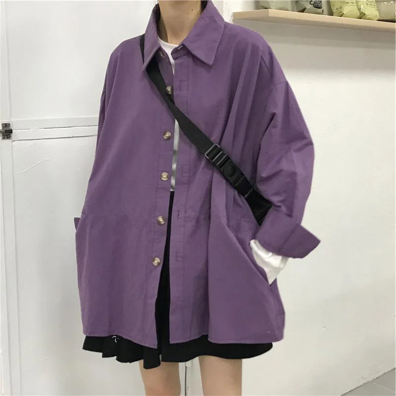 

GOOHOJIO 2020 New Plus Size Pockets Shirt Women Oversized Stylish Sweet Women Tops Solid Color Simple Style Casual Shirt Ladies
