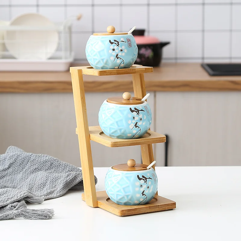 

3 piece set / kitchen supplies ceramic seasoning pot pepper salt glass cruet trapezoidal bamboo rack tray kitchen seasoning tool