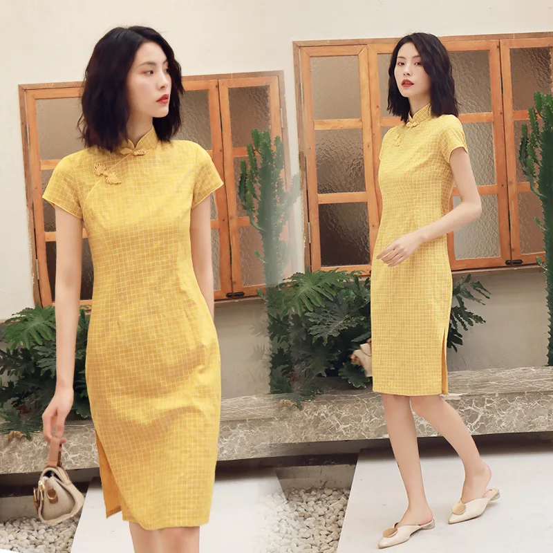 Весеннее клетчатое платье Ципао для женщин сексуальное тонкое хлопковое миди