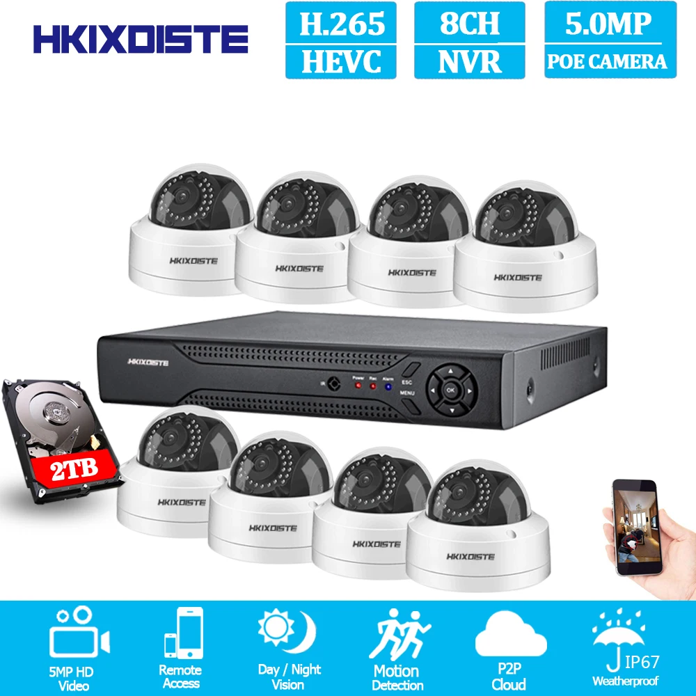 H.265 5MP POE NVR аудио в системе 8 шт. 48 в супер 2592X1944 Купольные Камеры видеонаблюдения комплект Onvif 8CH видеонаблюдения сетевое записывающее устройство в комплекте