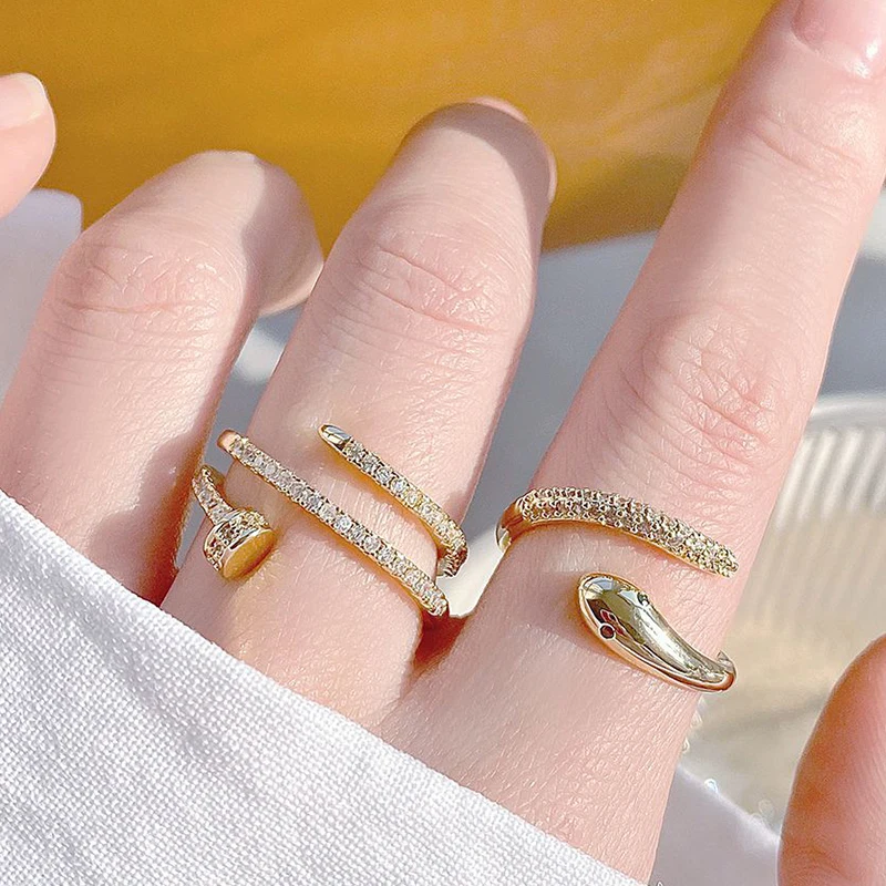

Vintage Noble 14k Real Gold Jewelry Geometric Serpentine Rings for Women Adjustable Open Brilliant Zircon Wedding Party Hot Gift