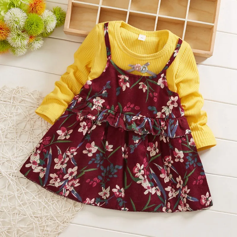 

2021 Autumn Baby Girl Princess Dress Fake 2 Piece Toddler Floral Pattern Long Sleeve Cotton Fashion Cute Dresses For Girl