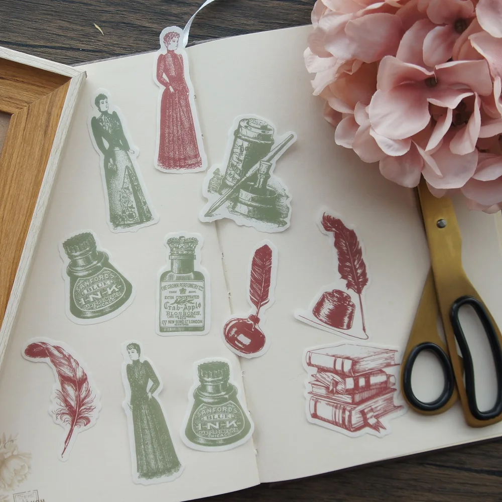 

28pcs Hand-painted Brown Dark GreenVictoria Times Study Room Style Sticker Scrapbooking DIY Gift Packing Label Decoration Tag