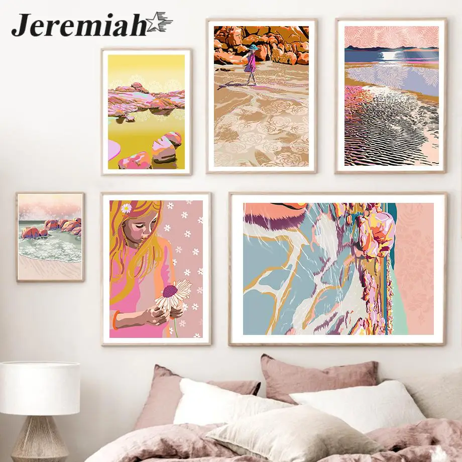 

Nordic Abstract Girl Beach Moon Wave Reef Wall Art Canvas Painting Posters and Prints Pictures for Living Room Home Decor