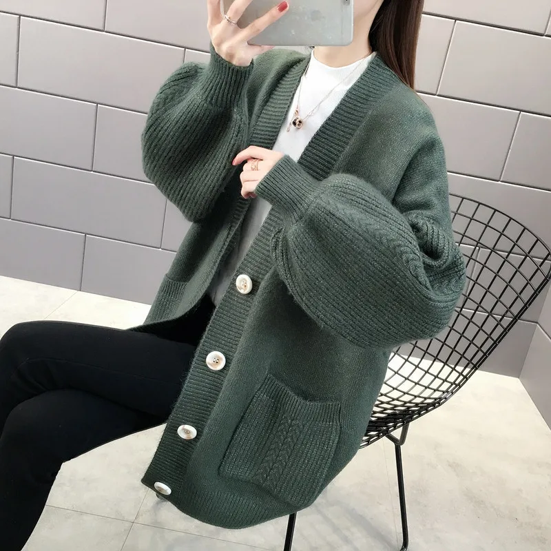 

2021 Winter Cardigan Women Long Solid Single Breasted Pockets Comfortable Elegant Korean Flared Sleeves Casual Harajuku Simple