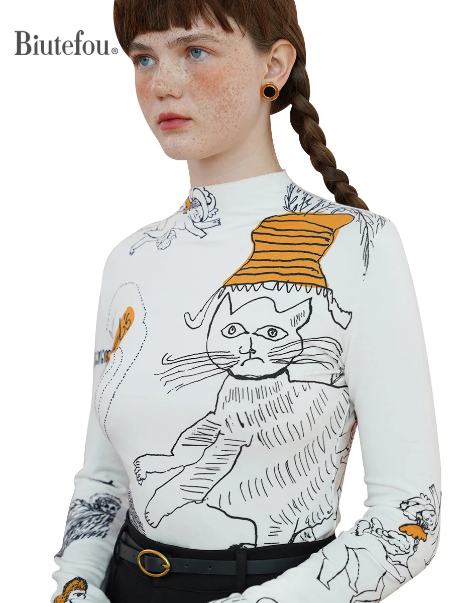 2023 Spring Women Pop Art Graffiti Hand Painted Stretch Slim Skin Friendly Knitted Sweater