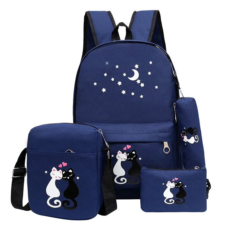 Новинка 2021 г., Холщовый школьный портфель с рисунком милого кота, 4 шт., школьные сумки, детские школьные рюкзаки для девочек-подростков