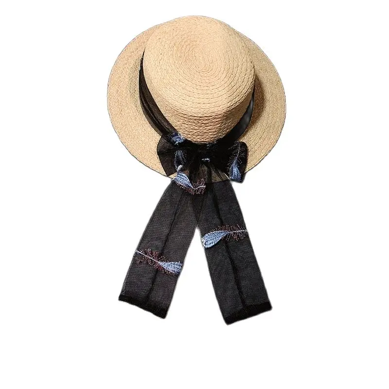 

Female Flat Top Raffia Straw Hat Bow Peacock Ribbon Women Summer Seaside Beach Vacation Party Big Brim Sun Caps