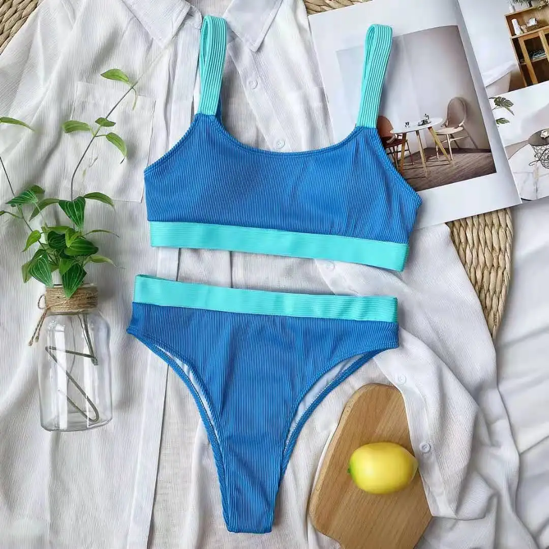 

Women's Sexy High Waist Bikini Swimwear Summer Push Up Bikini Set Swimsuit 2021 Fashion Patchwork Ribbed Beachwear Bathing Suit