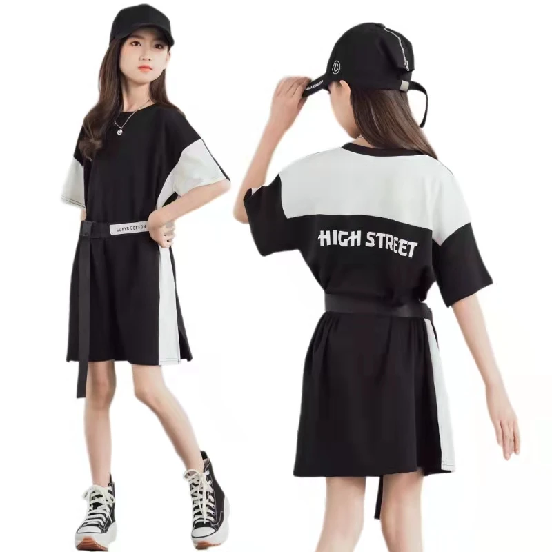 

6 To 16 Years Kids Shirt Dress 2022 New Summer Girls Dress Teenage Cotton Dress White and Black Patchwork with Waistband,#6859