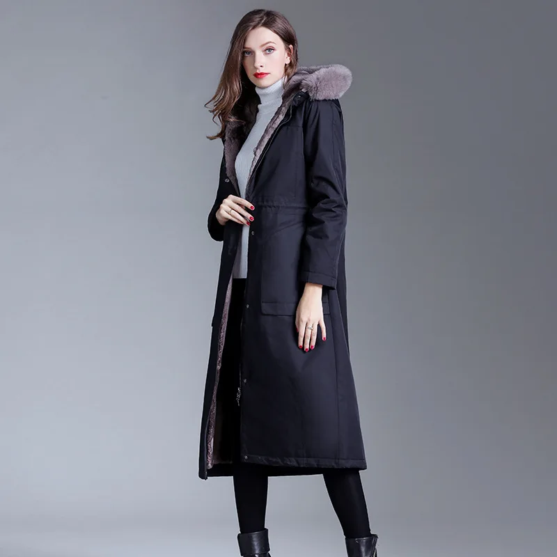 black longer Высококачественное длинное пальто из натурального меха кролика Рекс, женское теплое Утепленное зимнее пальто, роскошная Меховая куртка по настоящей цене от производителя - Цвет: black longer