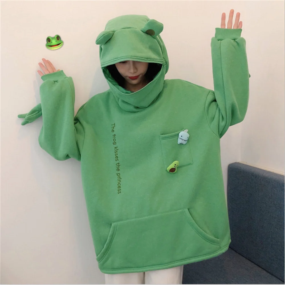 

Autumn Winter New Style Size Iovers Harajuku Frog Plus Velvet Thick Hooded Sweater lOOSE Jacket Material Polyester Embroidery