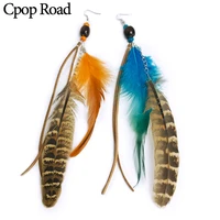 cpop long vintage boho feather earring for women ethnic beads leather tassel earring jewelry accessories hot sale gift wholesale